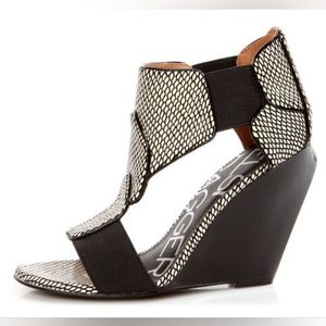 Kelsi Dagger Elin White and Black Snake Print Sculptural Wedges